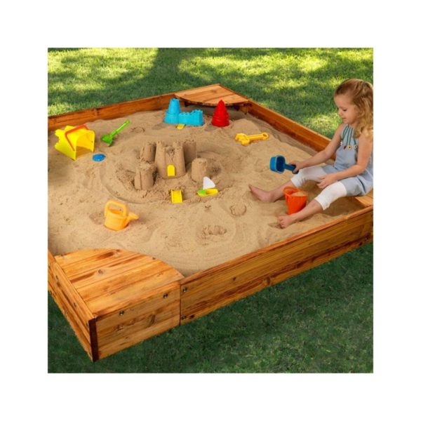 KidKraft Wooden Backyard Sandbox with Built-in Corner Seating and Mesh Cover For Sale